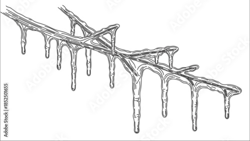 Ice formation on tree branches, winter thaw drawing, icicle drip outline, cold weather nature sketch