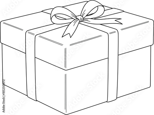 Outline drawing of a square gift box wrapped with ribbon and bow, isolated on white background