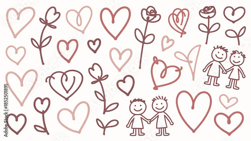 Hand-drawn doodle collection of hearts flowers and happy couples perfect for Valentines Day or romantic design elements