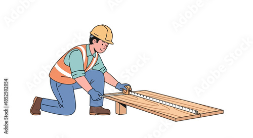 Construction worker measuring wooden planks for building project.