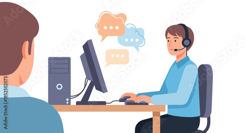 Customer service representative assisting a client at a desk with a computer.