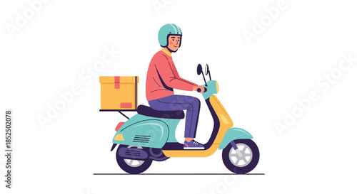 Delivery man riding scooter with package fast and efficient service.