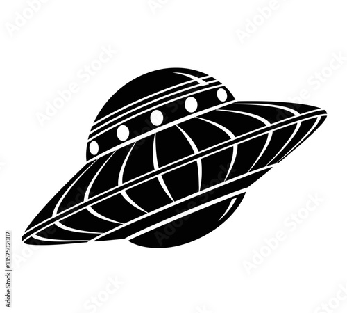 A detailed black and white illustration depicts a classic flying saucer shaped spacecraft with prominent features