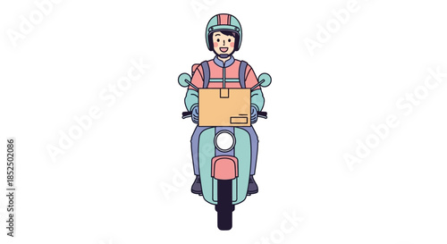 Delivery person on scooter with package front view cartoon style.