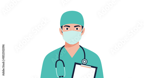 Doctor wearing surgical mask and stethoscope holding clipboard.