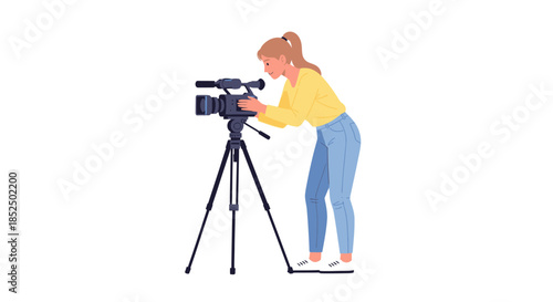 Female Videographer Operating Professional Camera on Tripod for Filming Production.