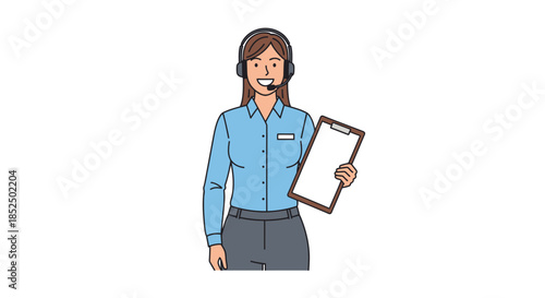 Friendly Female Customer Service Representative with Headset and Clipboard.