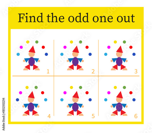 Attention task. Kids activity page. Cartoon juggler.