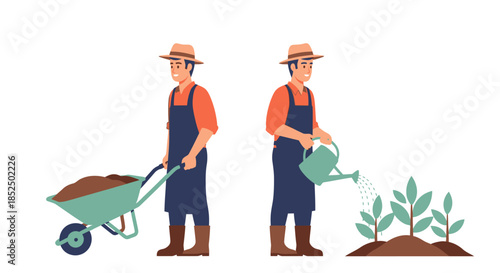 Gardener pushing wheelbarrow and watering plants illustration.