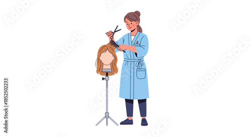 Hairdresser cutting a wig on a stand with scissors.