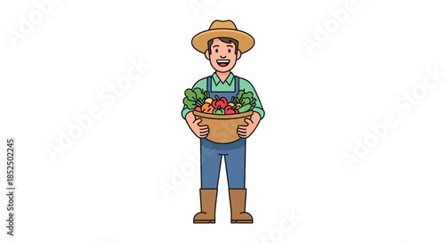 Happy Farmer Holding Basket of Freshly Harvested Vegetables.