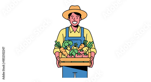 Happy Farmer Holding a Crate of Freshly Harvested Vegetables.