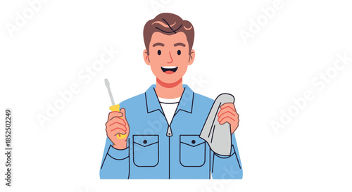 Happy handyman holding tools ready for work.