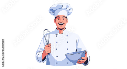 Happy Male Chef Holding Whisk and Bowl Ready to Cook or Bake.