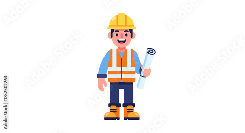 Happy Male Construction Worker Holding Blueprint and Wrench.