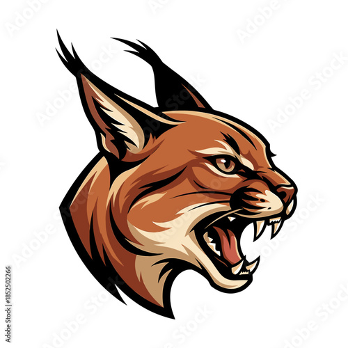 Illustration of an angry lynx head with sharp teeth and pointed ears on a white background.