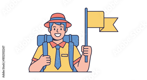 Happy Male Tourist with Backpack and Flag Ready for Adventure.