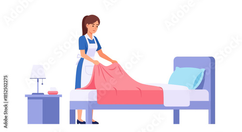 Housekeeper making a bed in a hotel room illustration.