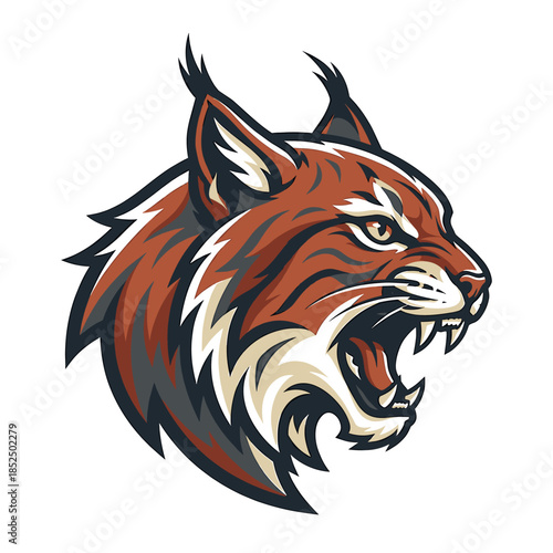 Illustration of a fierce tiger's head with an open mouth and sharp teeth on a white background.