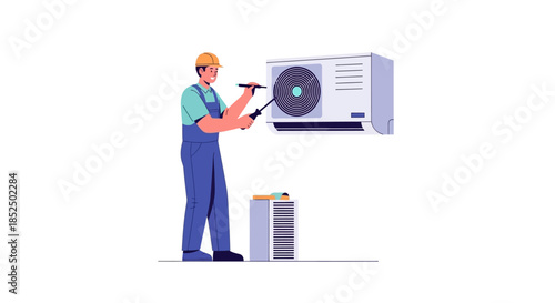 HVAC technician performing air conditioner maintenance and repair work.