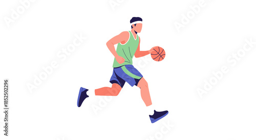 Male Basketball Player Dribbling Ball on Court During Game.