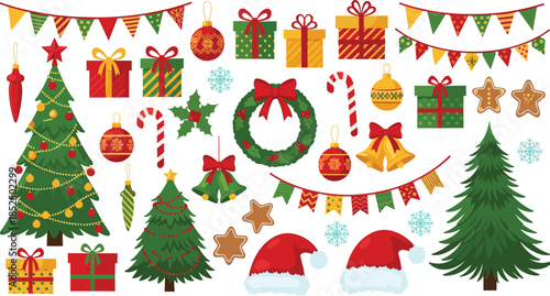 Large Vector Illustration Set of Christmas Holiday Elements Including Decorated Trees Gift Boxes Santa Hats Wreaths and Festive Party Bunting