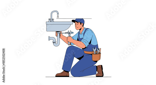 Plumber Fixing Sink Pipes With Tools Belt.