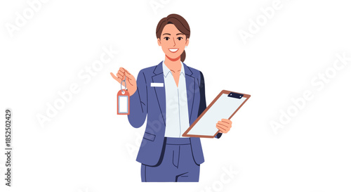 Professional Businesswoman Holding Keys and Clipboard with a Welcoming Smile.