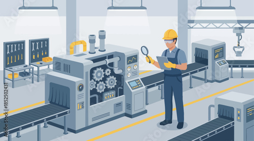 Isometric Factory Worker Inspecting Production Line Machinery with Magnifying Glass. Manufacturing Quality Control, Automation.