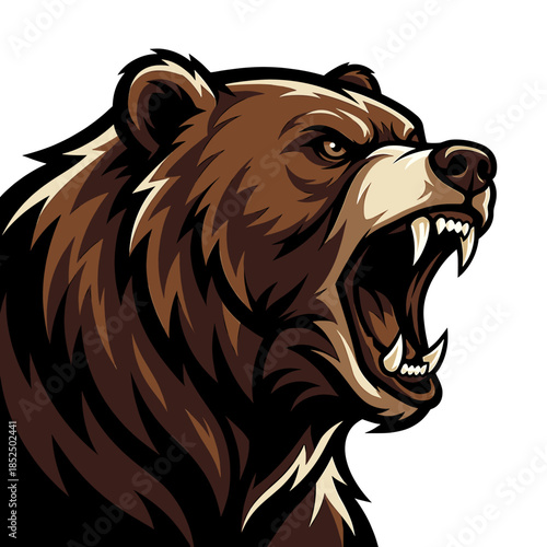 Illustration of a brown bear with its mouth open, showcasing sharp teeth, against a clean white background with bold lines and vibrant brown tones.