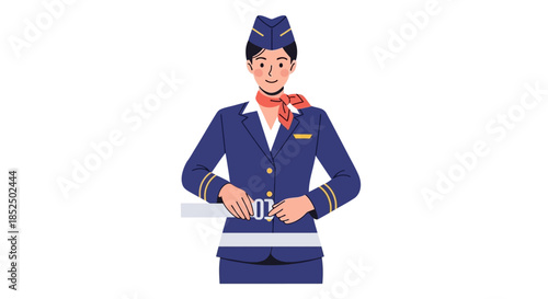 Professional Flight Attendant Demonstrating Seatbelt Safety Procedures.