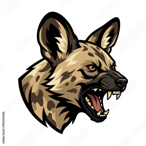 A cartoon illustration of a spotted hyena's head with its mouth open, showing sharp teeth, set against a plain white background in a graphic style.