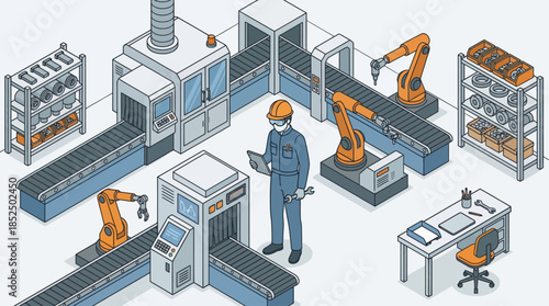 Isometric Factory Worker Inspecting Automated Production Line with Robotic Arms and Conveyor Belts for Manufacturing Efficiency
