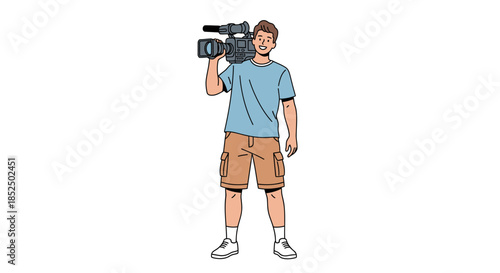 Professional Male Videographer with Camera on Shoulder Ready to Film.