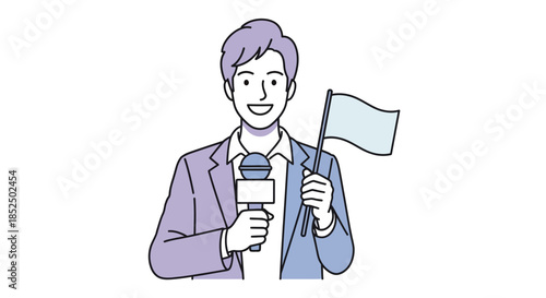 Reporter Holding Microphone and White Flag Ready for Broadcast.