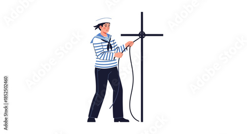 Sailor in uniform tying a rope on a nautical pole.