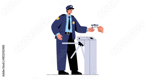 Security Guard Checking ID at Turnstile Entrance.