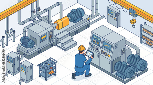 Isometric Industrial Machine Maintenance: Engineer Using Tablet for Inspection and Control, Factory Automation and Digital Transformation Concept