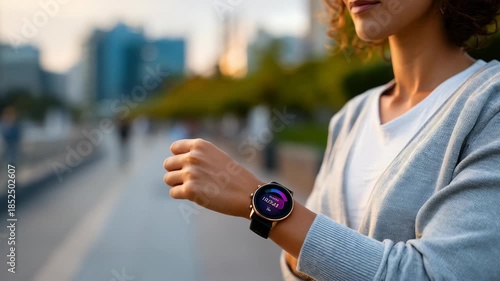 A young woman interacts with her stylish smartwatch, featuring a colorful interface, against a blurred city background. The image highlights contemporary fashion and digital connectivity trends
