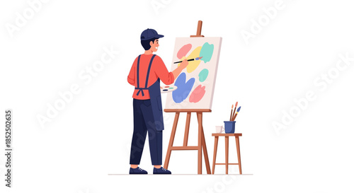 Artist painting on canvas with brush and easel, creating abstract art.