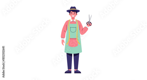 Barber holding scissors and wearing apron and hat.