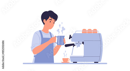 Barista preparing coffee with an espresso machine in a cafe.