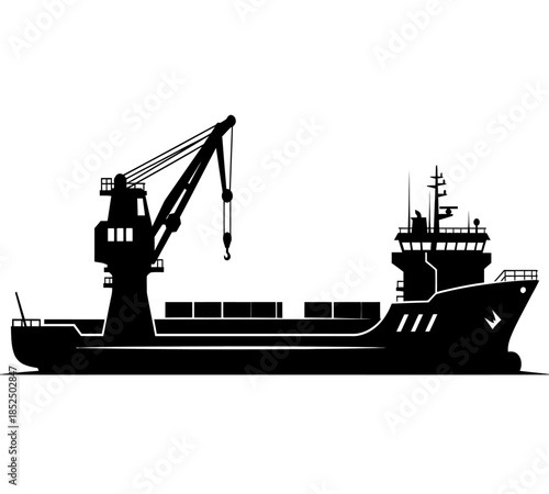 A striking black silhouette depicts a cargo ship with a prominent crane showcasing maritime transport capabilities