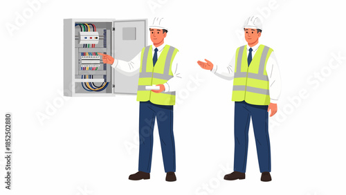 Two technicians in safety gear explaining electrical panel details