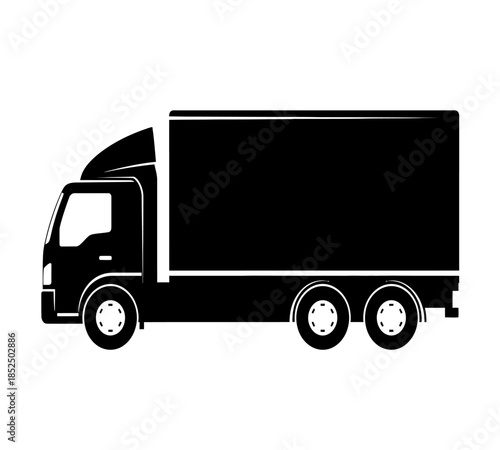 A simple black silhouette of a large delivery truck showcasing its boxy shape and wheel design