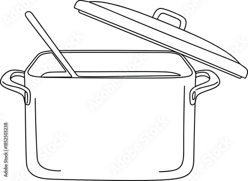 Modern professional symbol showing a metal casserole dish to denote specialized boiling techniques, restaurant kitchen equipment, domestic housework, and dinner party findings.