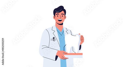 Smiling Male Dentist Holding a Large Tooth Model.
