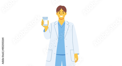 Smiling male doctor in lab coat holding medicine bottle.