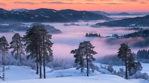 Winter sunrise, misty valley, snow-covered hills, scenic view, postcard
