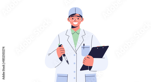 Smiling male doctor or medical professional in lab coat holding clipboard and pen.